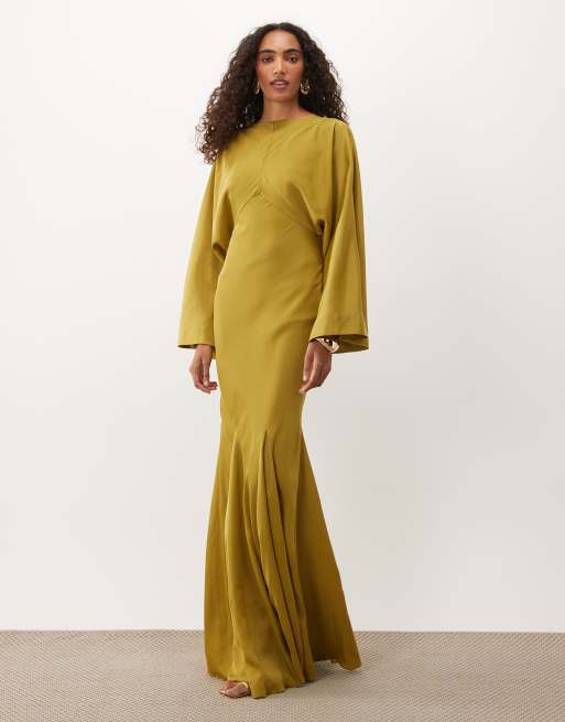 ASOS DESIGN Tall cape kimono sleeve maxi dress with godets and tassel tie detail in golden olive