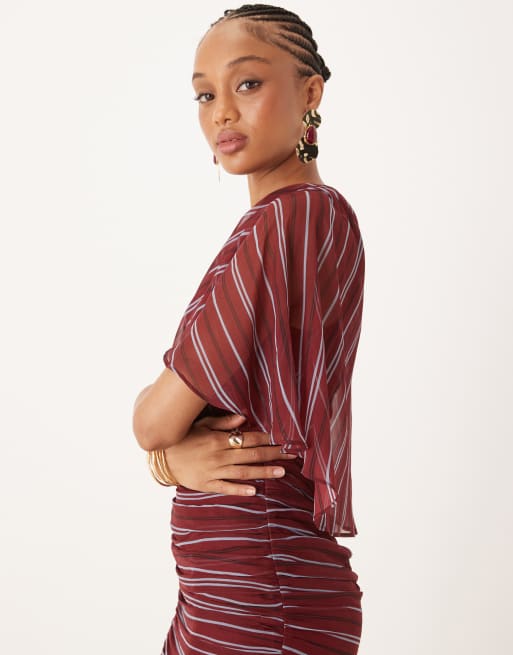 ASOS DESIGN Tall cape one-shoulder ruched bodice maxi dress in berry stripe, 3 of 4