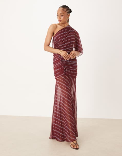 ASOS DESIGN Tall cape one shoulder ruched bodice maxi dress in burgundy stripe - view 1