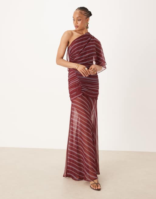 ASOS DESIGN Tall cape one shoulder ruched bodice maxi dress in burgundy stripes