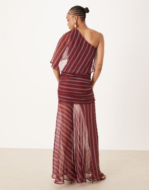 ASOS DESIGN Tall cape one shoulder ruched bodice maxi dress in burgundy stripes