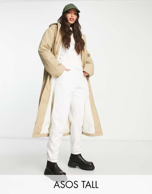 ASOS DESIGN Tall - Cappotto impermeabile gommato foderato in pile borg color pietra 