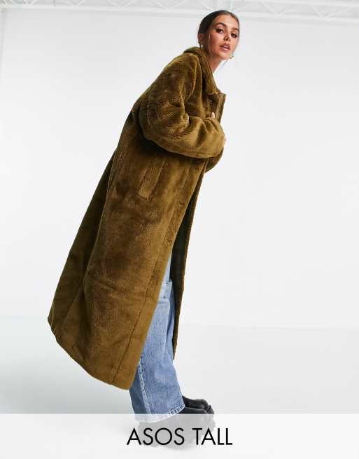 ASOS DESIGN Tall - Cappotto in pile borg verde oliva con bottoni