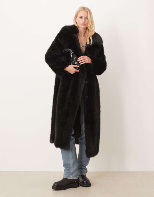 ASOS DESIGN Tall - Cappotto taglio lungo in pelliccia sintetica nero con profili, 2 di 4