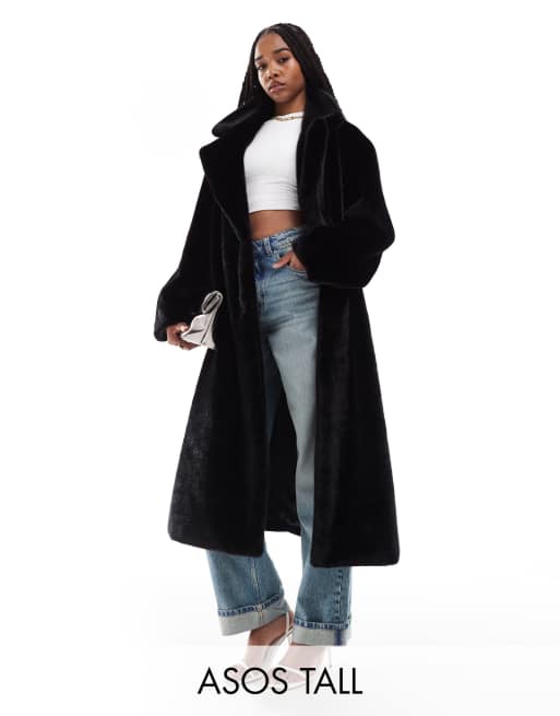 ASOS DESIGN Tall Cappotto taglio lungo in pelliccia sintetica nero ASOS