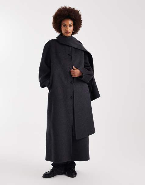 ASOS DESIGN Tall - Cappotto taglio lungo premium in misto lana grigio antracite con sciarpa rimovibile - view 1