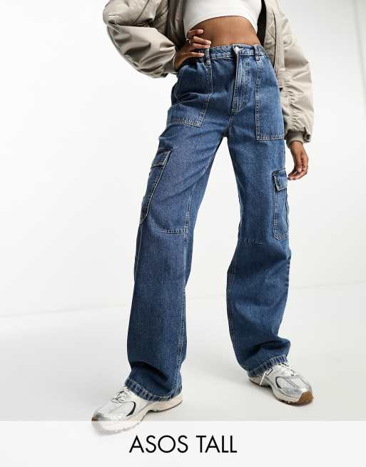 ASOS DESIGN baggy cargo jeans in mid wash blue