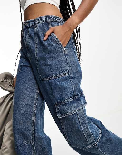 Women Oatmeal Street Pocket Baggy Fit Cargo Jeans