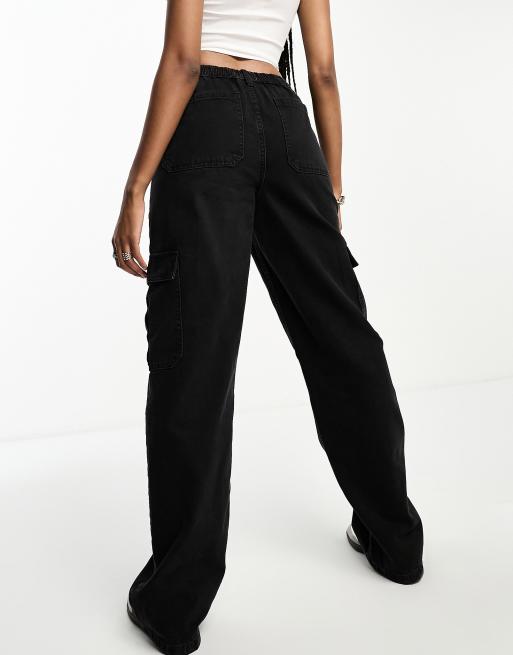 Washed Black Cargo Pocket Detail Wide Leg Jeans