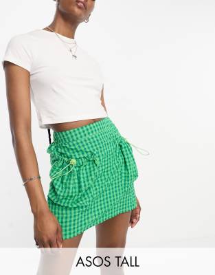 Asos Tall Asos Design Tall Cargo Mini Skirt With Toggle Pockets In Green Gingham