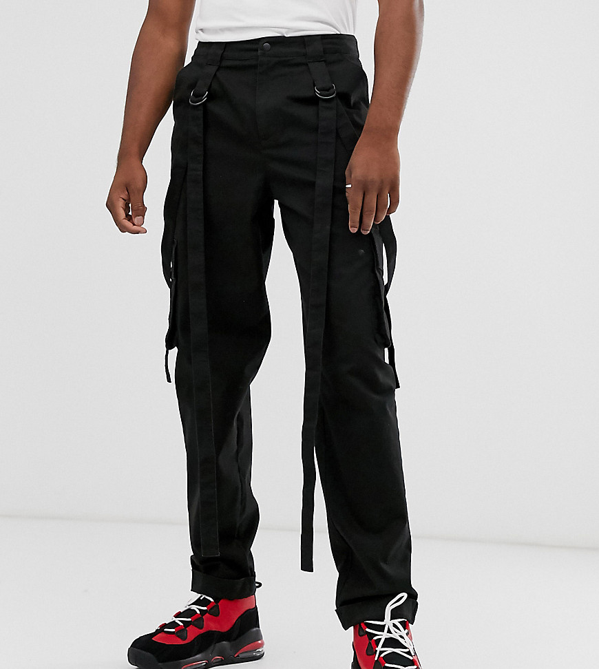 ASOS DESIGN Tall cargo trousers in black with strapping