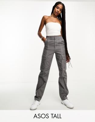 ASOS DESIGN Tall - Cargohose in Grau mit kontrastierenden Ziernähten und Nahtdetails