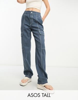 ASOS DESIGN Tall - Cargohose in Marineblau mit kontrastierenden Ziernähten und Nahtdetails