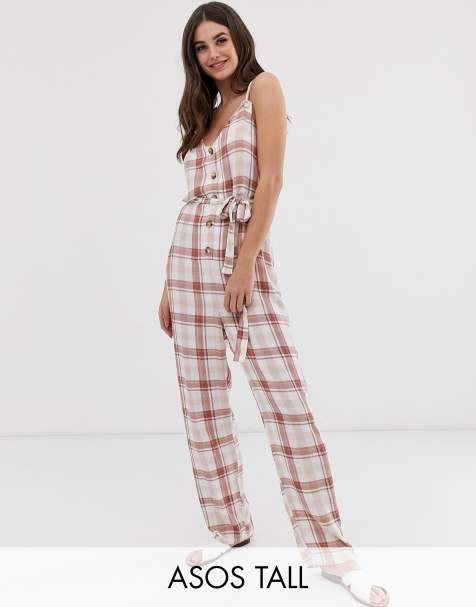 ASOS DESIGN Tall casual check jumpsuit with rope straps and button front