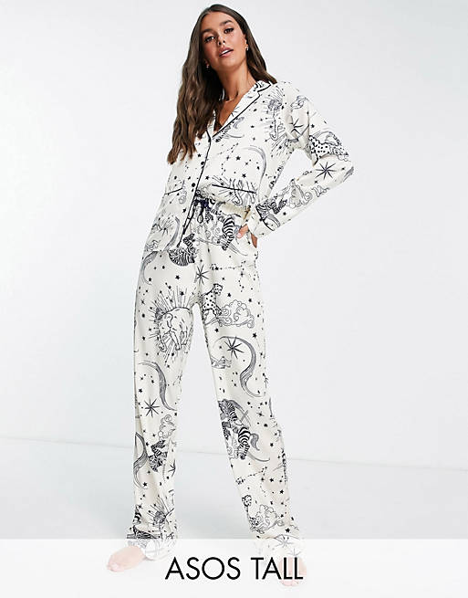 Gifts for Her Tall celestial print shirt & trouser pyjama set in cream & blue 