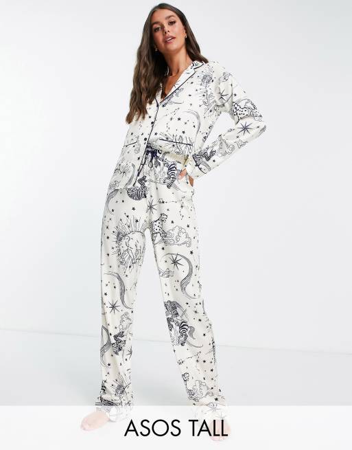 ASOS DESIGN Tall celestial print shirt trouser pyjama set in cream blue