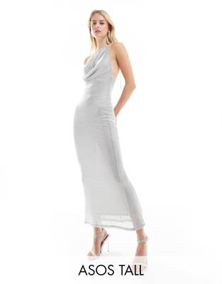 ASOS DESIGN Tall chainmail sheer asymmetric shoulder cowl midi dress in silver