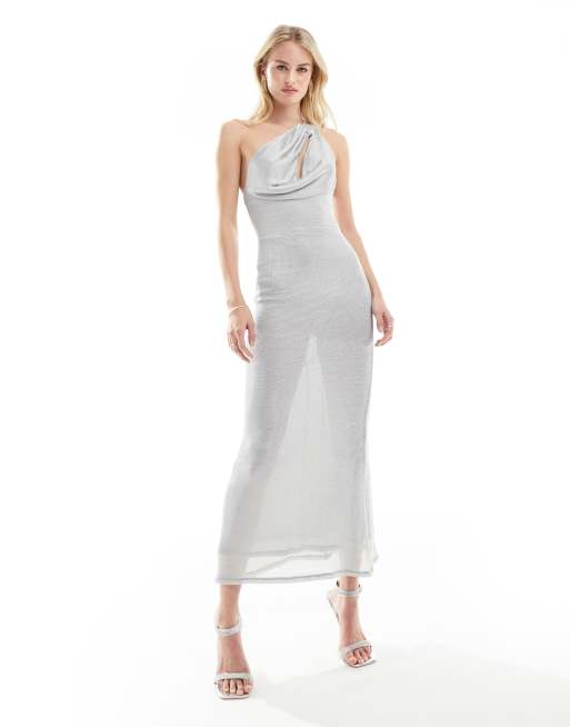 ASOS DESIGN Tall chainmail sheer asymmetric shoulder cowl midi dress in silver