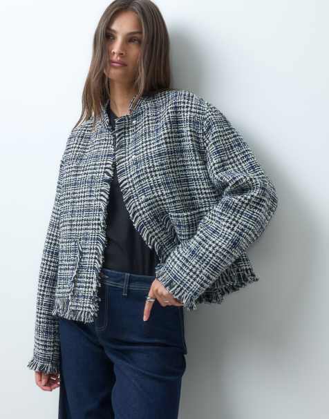 ASOS DESIGN Tall - chaqueta de mezcla de lana bouclé sin cuello a cuadros en blanco y negro - view 1