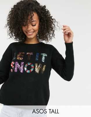 ASOS DESIGN Tall Charity Christmas sweater with sequin let it snow for ASOS Foundation-Black