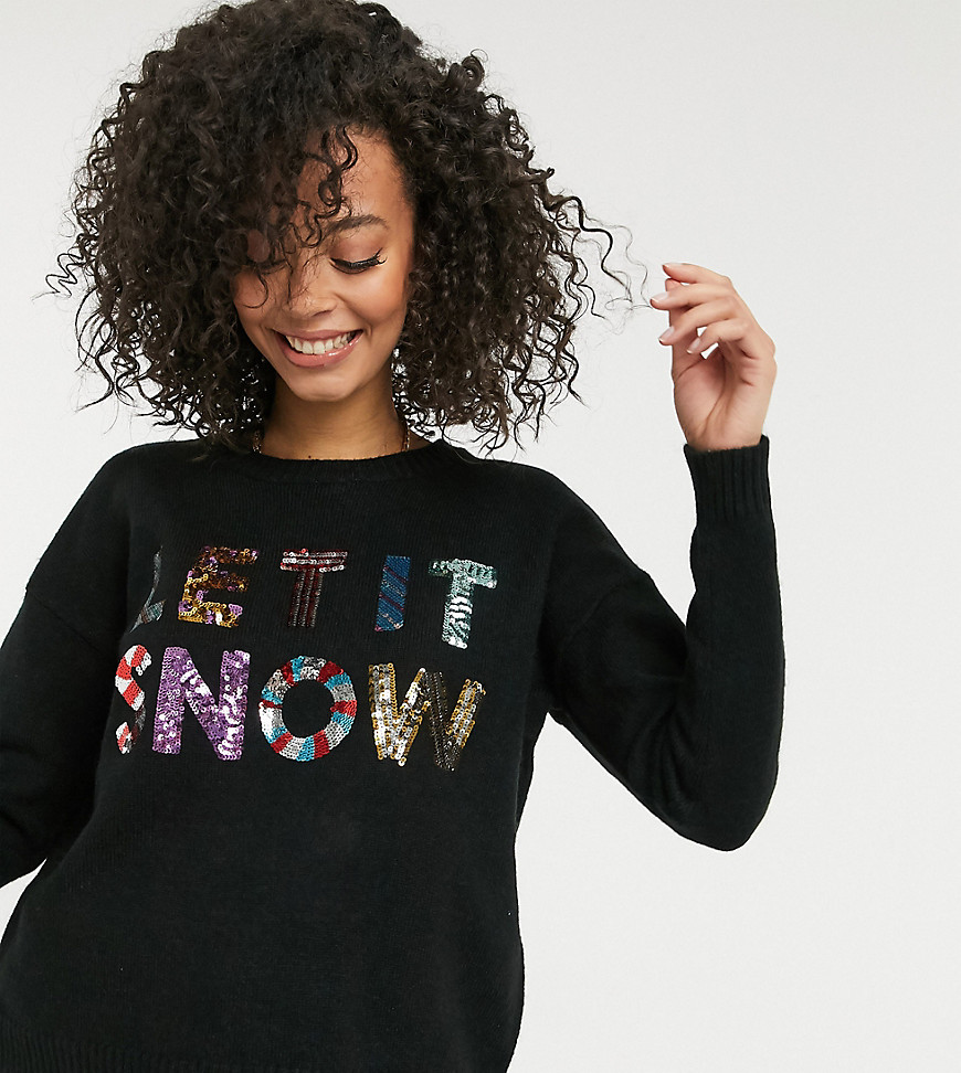 ASOS DESIGN Tall Charity Christmas sweater with sequin let it snow for ASOS Foundation-Black