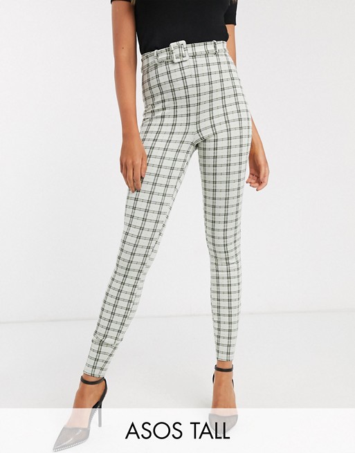 ASOS DESIGN Tall check jacquard skinny trouser with buckle