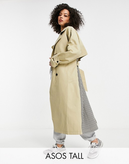 ASOS DESIGN Tall check spliced oversized trench coat in stone