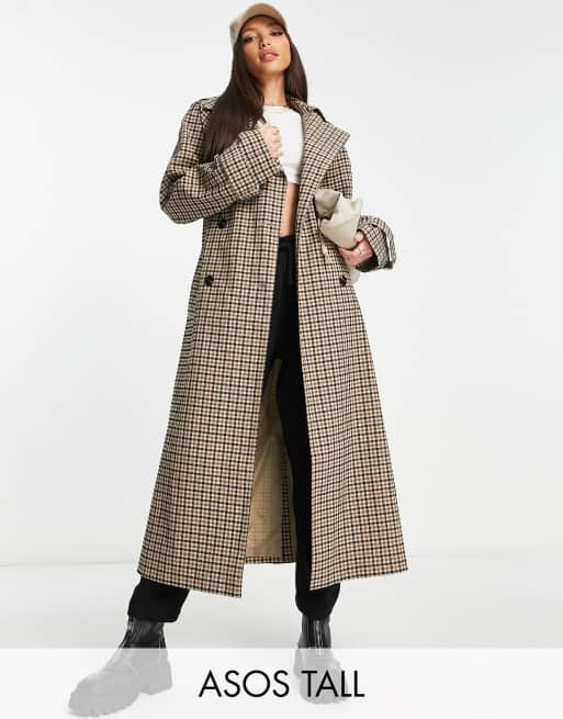 ASOS DESIGN Tall check trench coat in brown