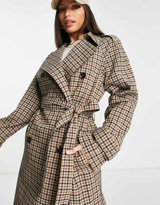 ASOS DESIGN Tall check trench coat in brown