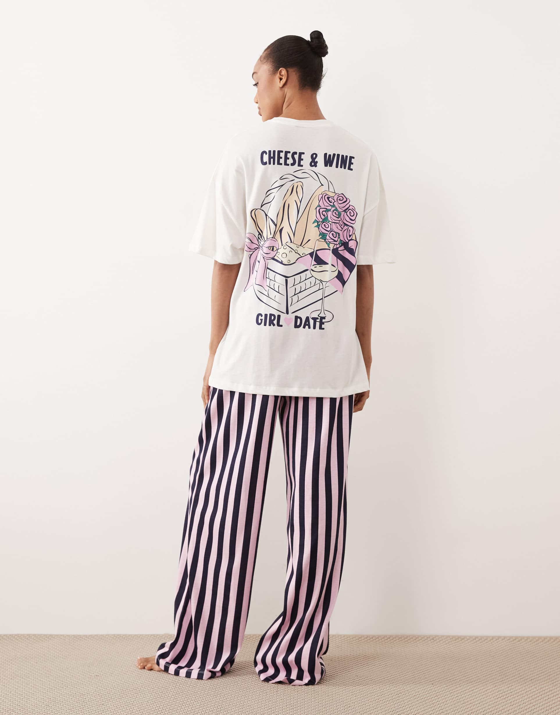 asos design tall cheese & wine graphic short sleeve top and pants pajama set