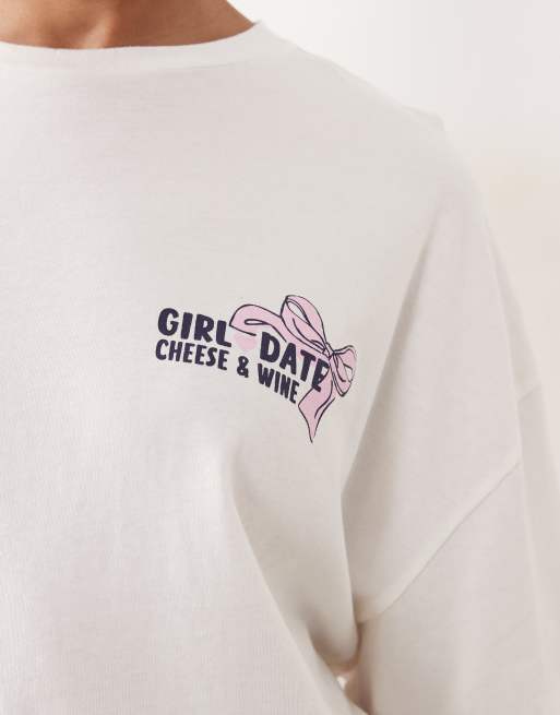 ASOS DESIGN Tall cheese & wine graphic short sleeve top and trouser pyjama set, 2 of 4
