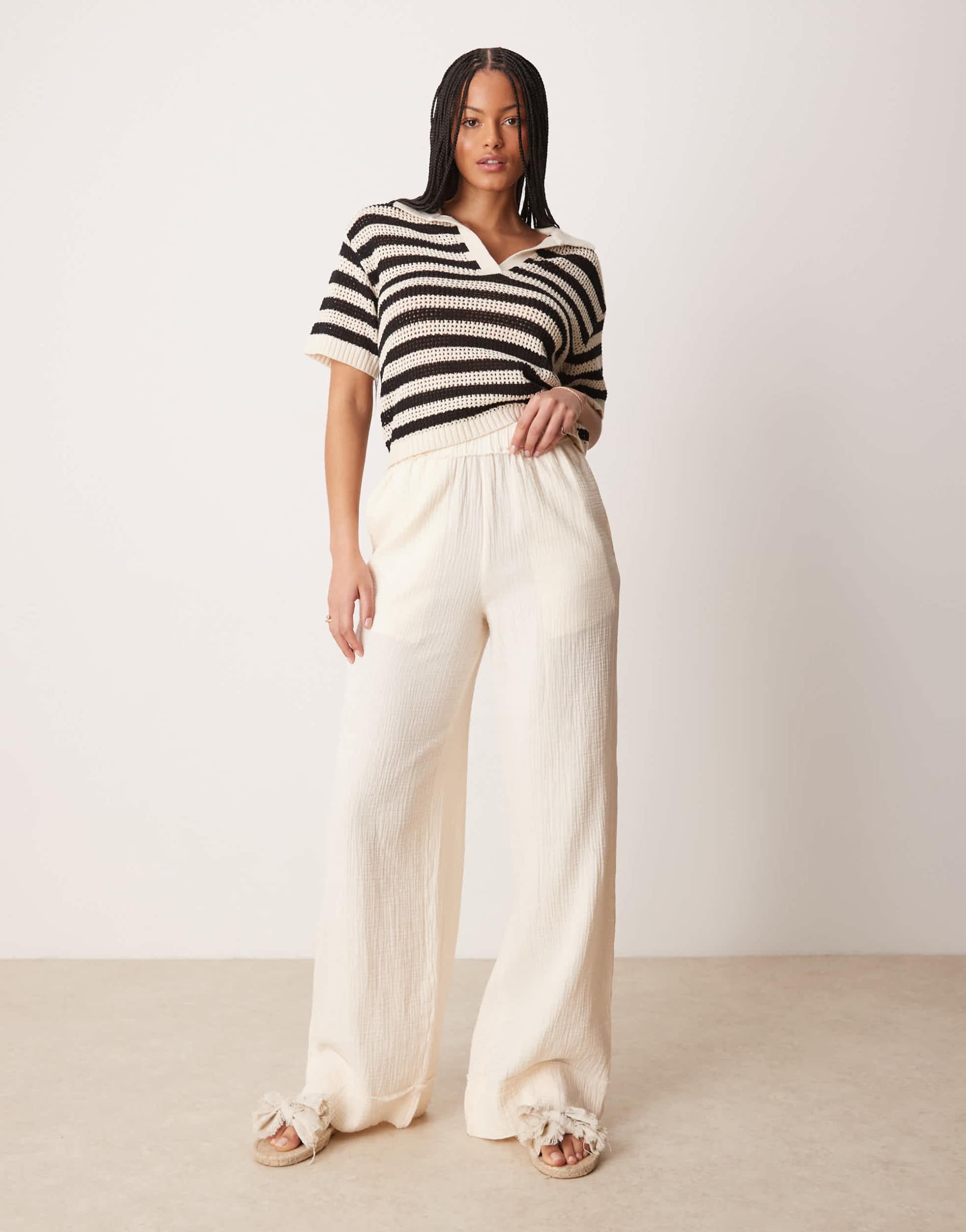 asos design tall cheesecloth pull on pants with raw edge in buttermilk
