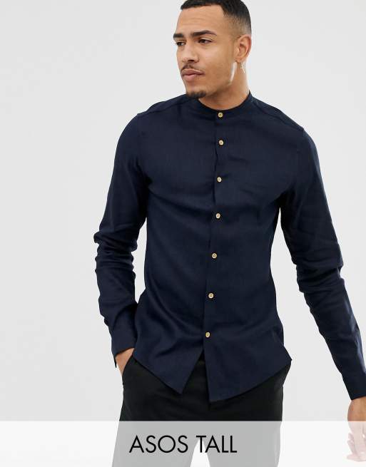 ASOS DESIGN Tall - Chemise ajustée en lin avec col grand-père - Bleu marine