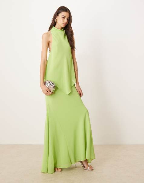 ASOS DESIGN Tall chiffon high neck double layer maxi dress in lime - view 1