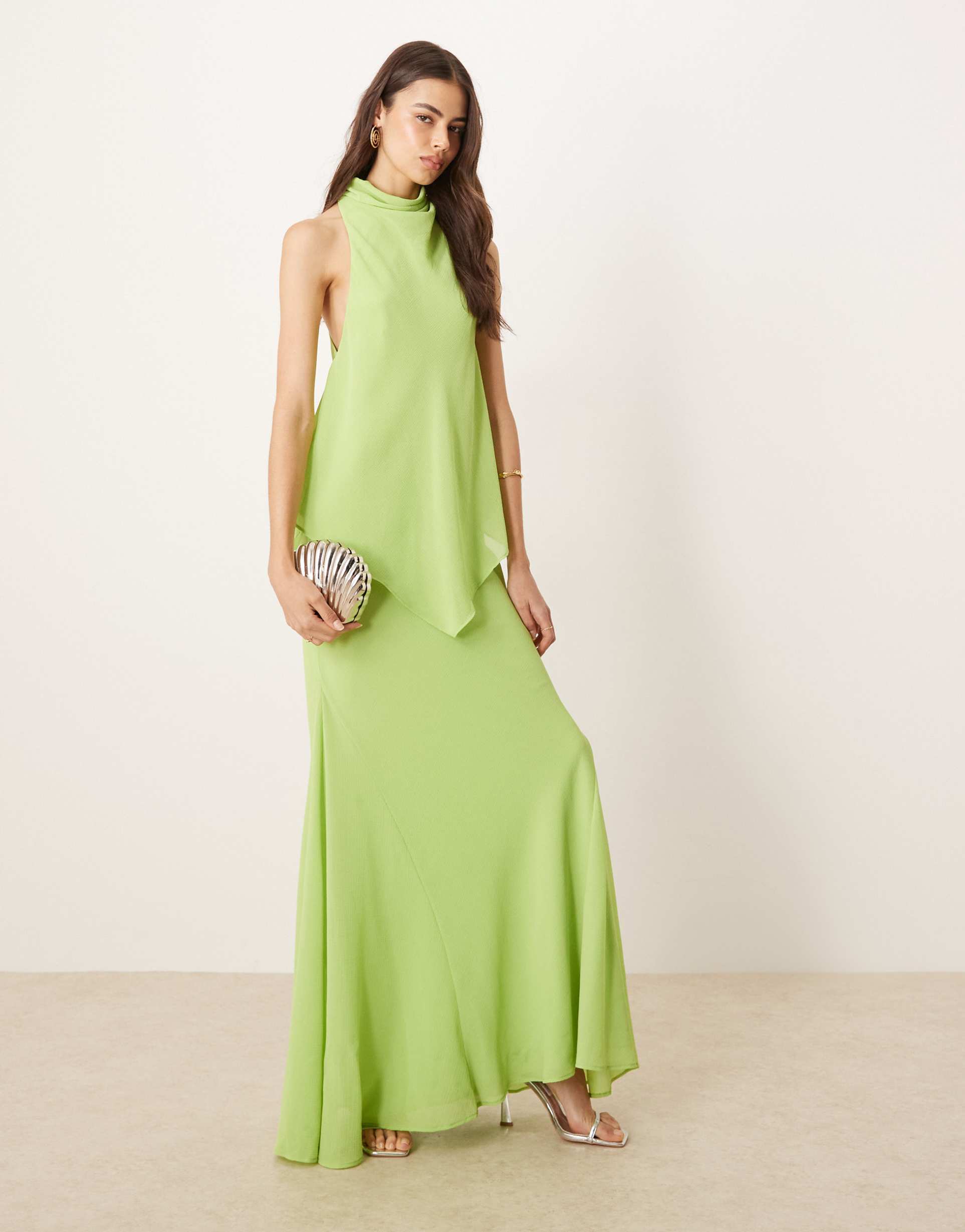 asos design tall chiffon high neck double layer maxi dress in lime
