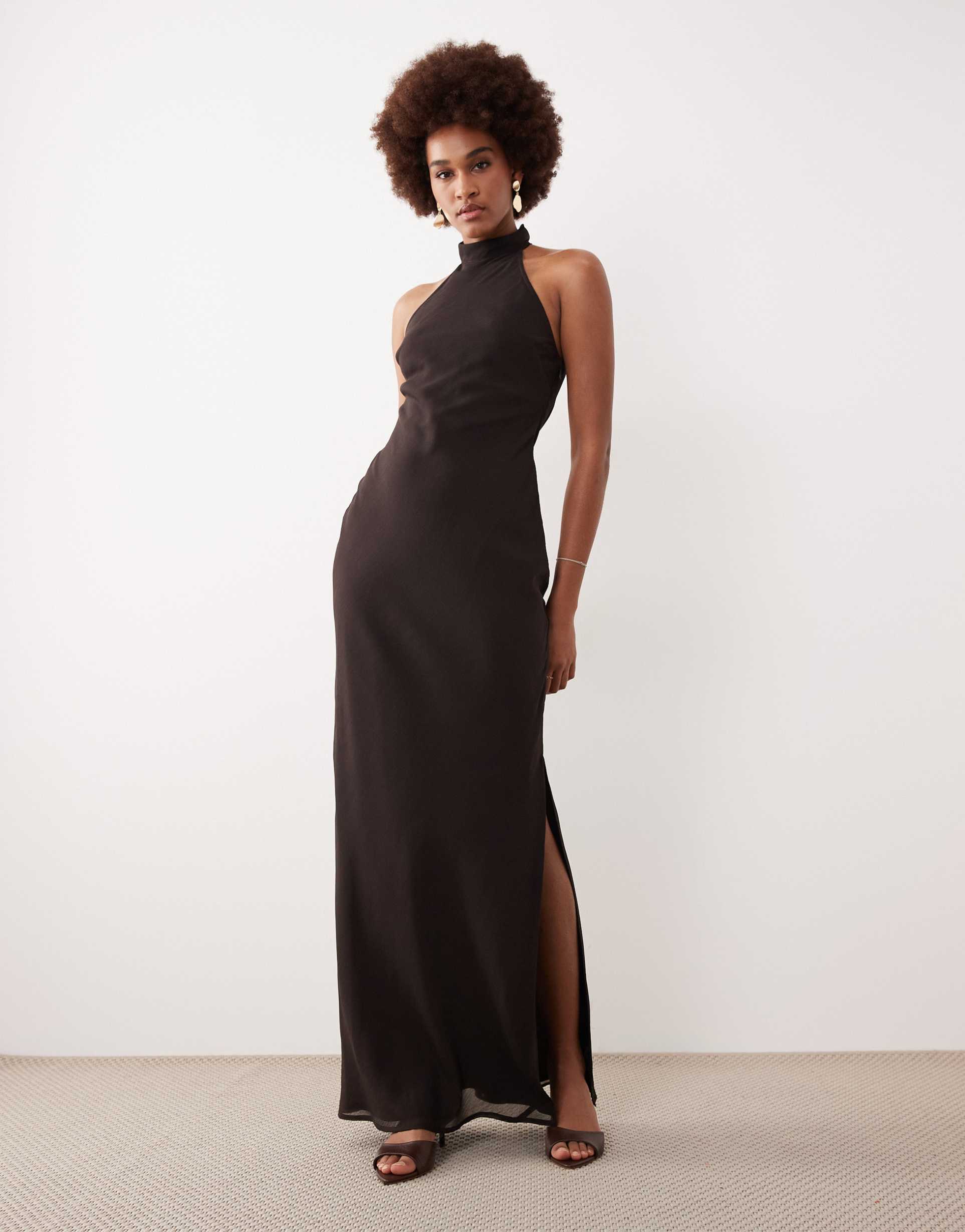 asos design tall chiffon high neck midi dress in chocolate