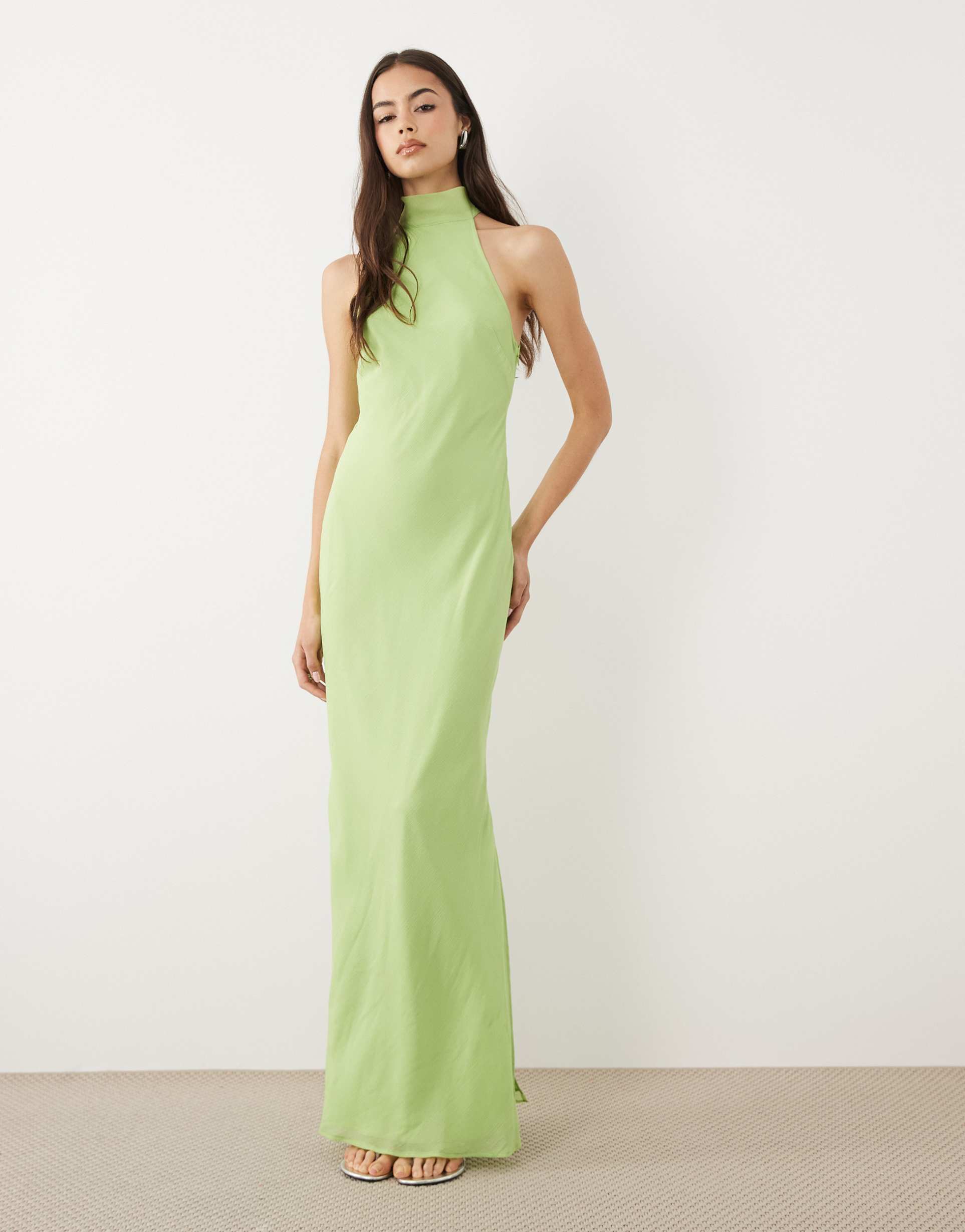asos design tall chiffon high neck midi dress in green