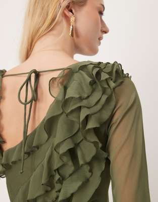 Asos Tall Asos Design Tall Chiffon Long Sleeve Asymmetric Tiered Soft Ruffle Maxi Dress In Gray