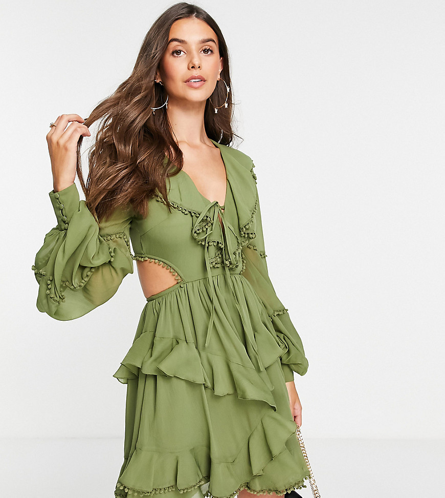 ASOS DESIGN Tall chiffon mini dress with ruffle detail in khaki-Green