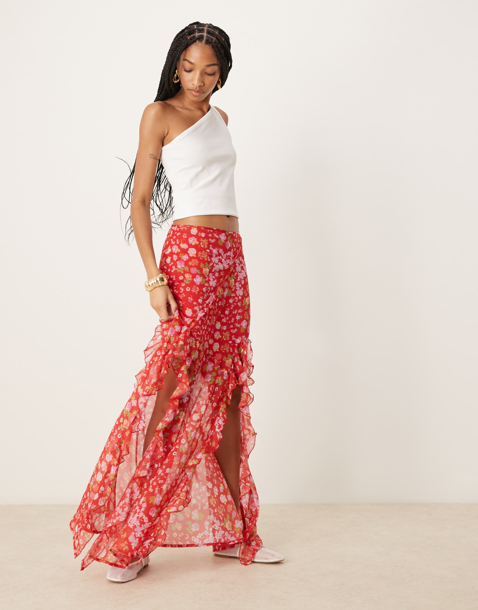 asos design tall chiffon ruffle maxi skirt in floral print