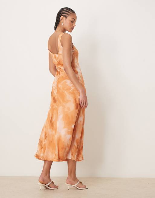 open lace back dress Cami midi slip dress in high shine satin in orange – Lua Boutique main image 1