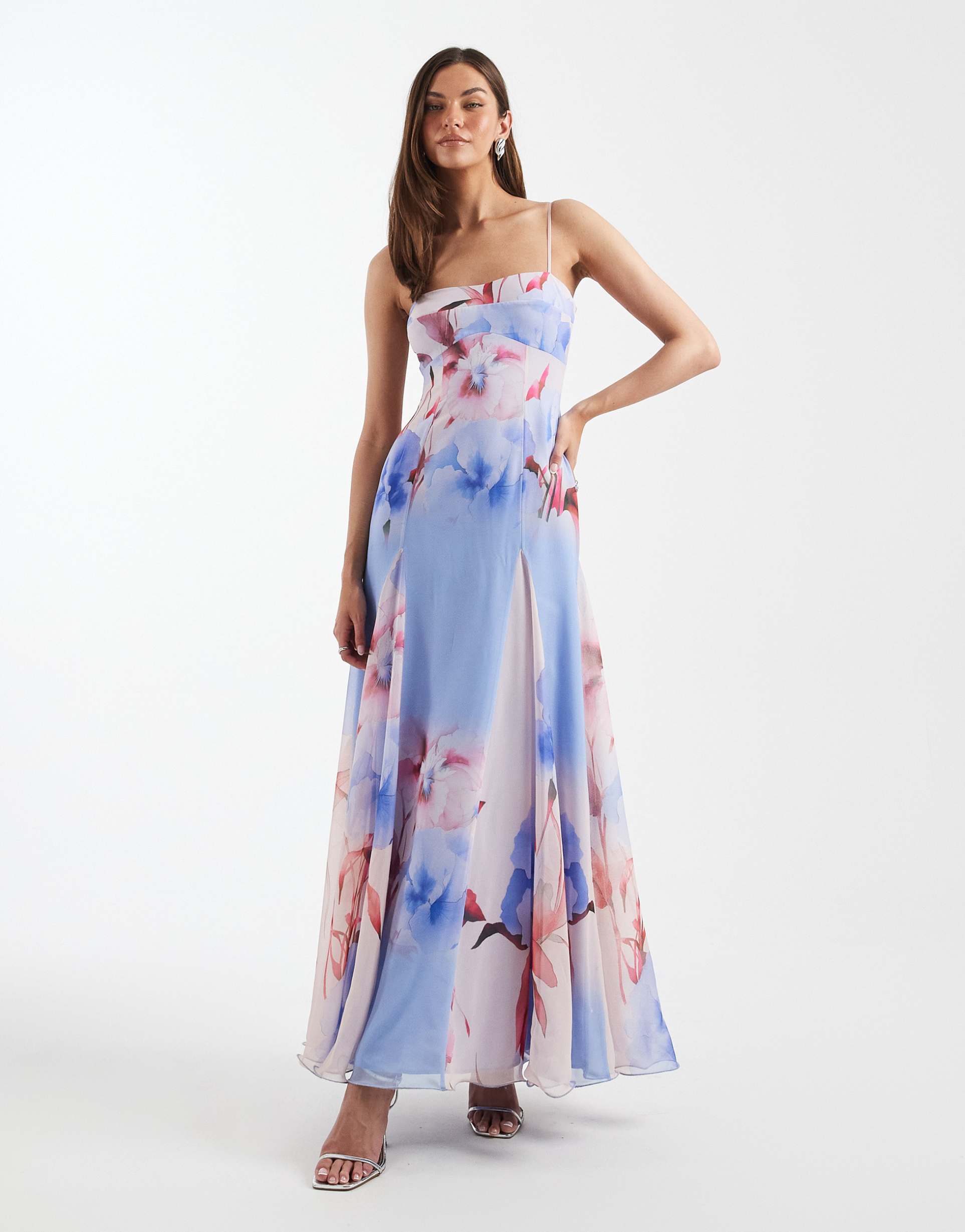 asos design tall chiffon strappy maxi dress with deep godets in red and purple floral