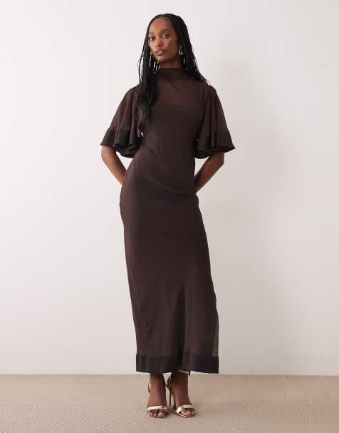 ASOS DESIGN Tall – Chokladbrun, rak klänning i chiffong och satin med halvlånga vida ärmar - view 1