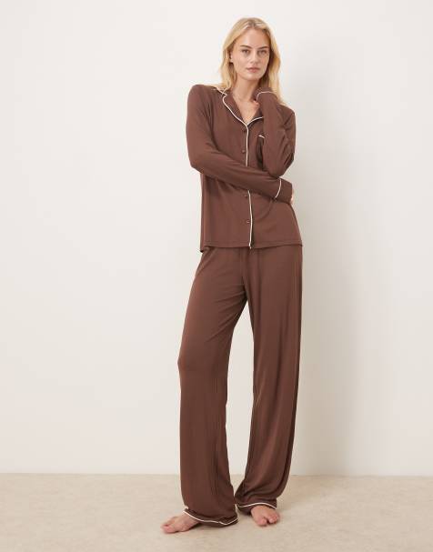 ASOS DESIGN Tall – Chokladbrun, supermjuk pyjamas med långärmad skjorta och byxor - view 1