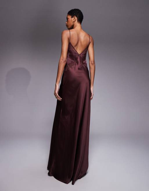 ASOS DESIGN Tall - Chokoladebrun maxikjole med høj firkantet hals i satin- og chiffonblanding, 3 af 4