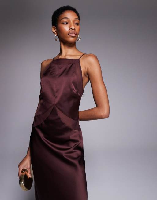 ASOS DESIGN Tall - Chokoladebrun maxikjole med høj firkantet hals i satin- og chiffonblanding, 4 af 4