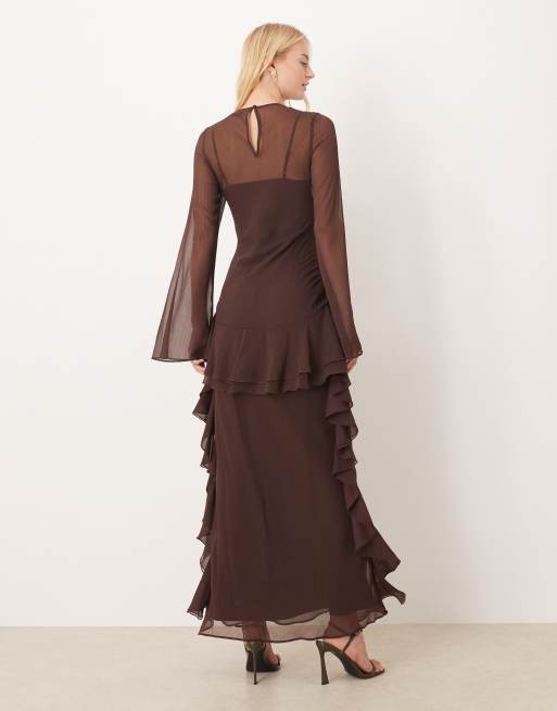 ASOS DESIGN Tall - Chokoladebrun maxikjole med lange ærmer og flæsekant i chiffon, 4 af 4