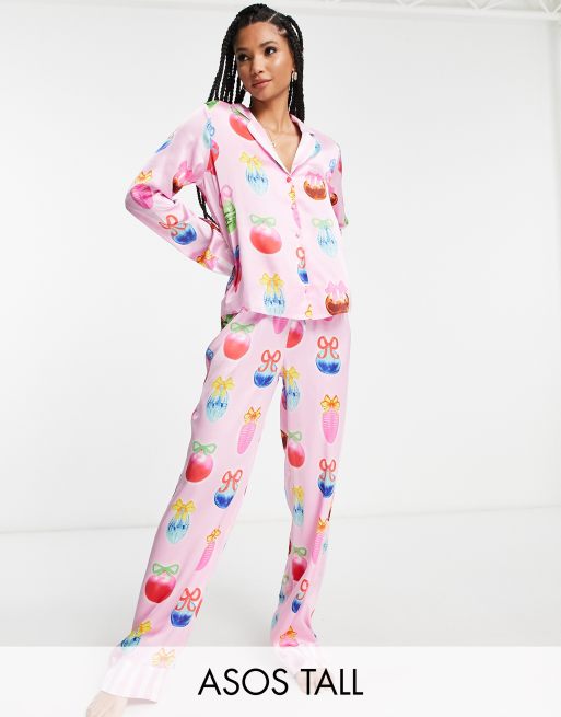 ASOS DESIGN Tall Christmas bauble satin shirt & pants pyjama set with contrast stripe cuffs in pink