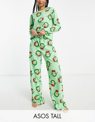 ASOS DESIGN Tall Christmas brussels long sleeve top & trouser pyjama set in green