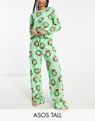 ASOS DESIGN Tall Christmas brussels long sleeve top & trouser pyjama set in green